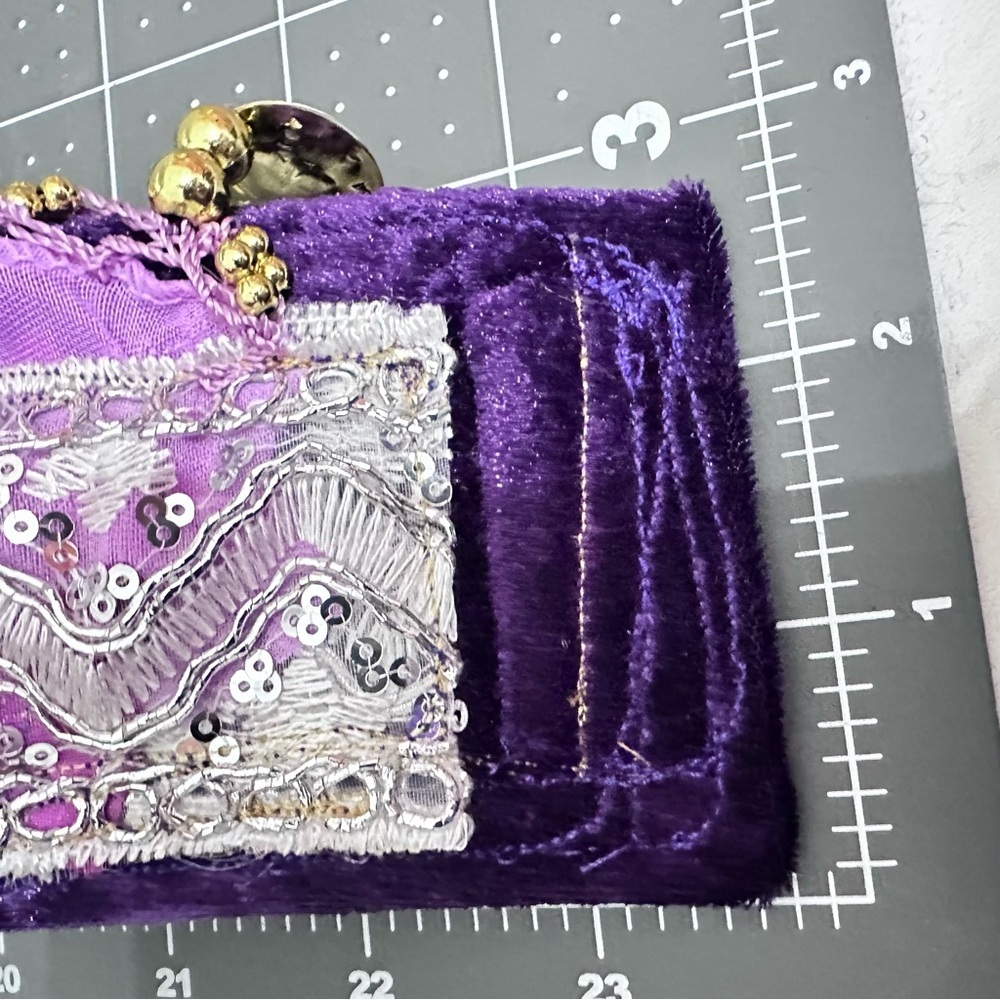 PURPLE VELVET GYPSY COIN CHARM CUFF BRACELET TEXTILE FIBER ART LUXURY SIGNED 7’ - Picture 5 of 15